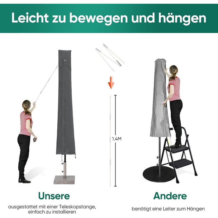 Захисний чохол для парасольки від сонця, 260x65 см, сірий