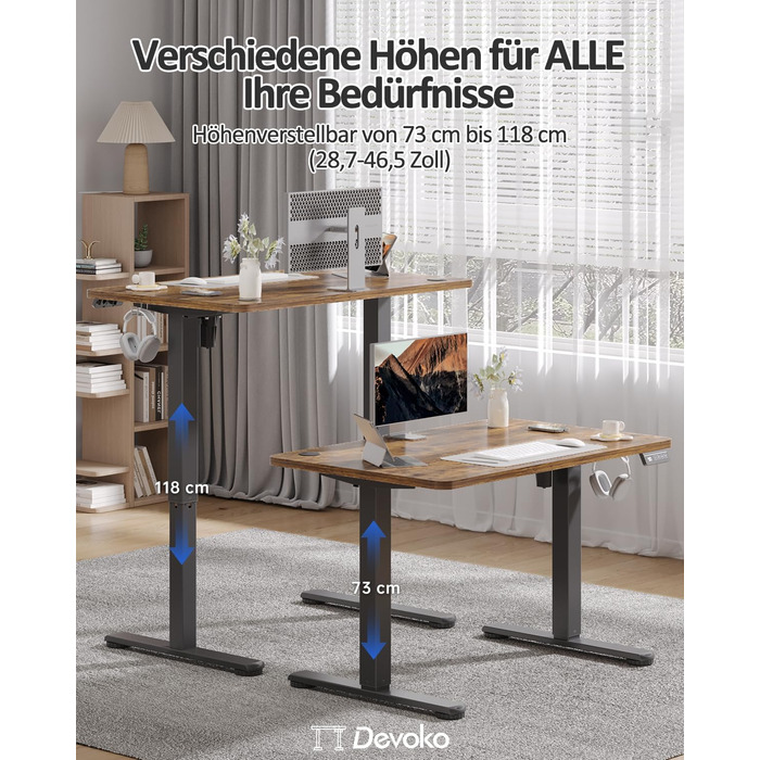 Електричний регульований стіл Devoko 120x60 см, стабільний офісний стіл, стіл для стоячи/сидячи, комп'ютерний стіл з функцією пам'яті, (Коричневий)