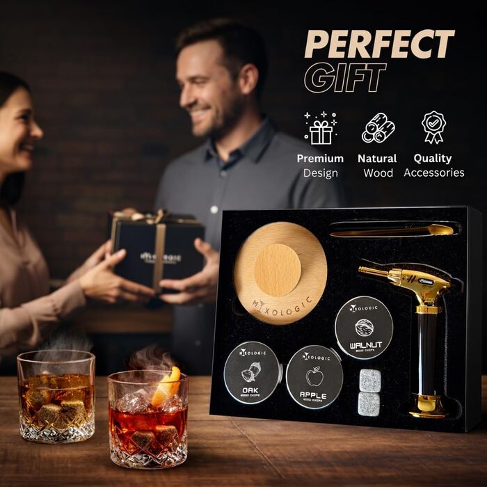 Комплект для копчення коктейлів MIXOLOGIC: набір для віскі, 6 дерев'яних чіпсів, камені для віскі та аксесуари для Old Fashioned