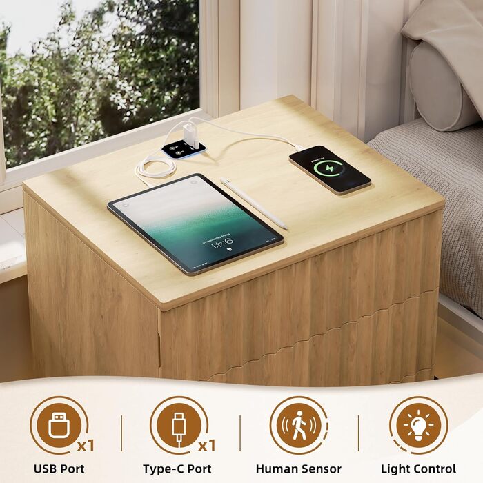 LED тумбочка Gurexl з зарядкою та 3 шухлядами, дерев'яна, з USB та Type-C, з датчиком руху, для спальні, вітальні, офісу, чорна
