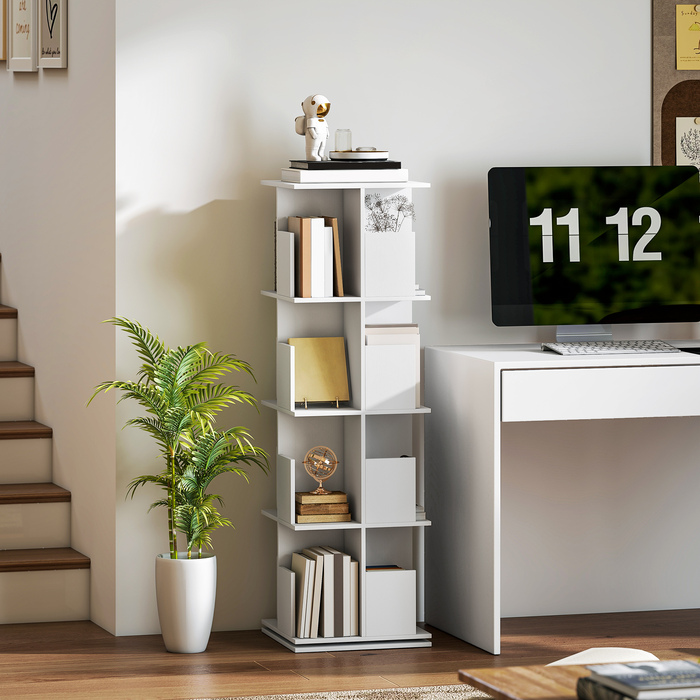 Поворотна книжкова полиця з 4 ярусами та 16 відділеннями, забезпечує легкий доступ, ідеально підходить для спальні, вітальні або кабінету. Виготовлена з ДСП, колір – білий.