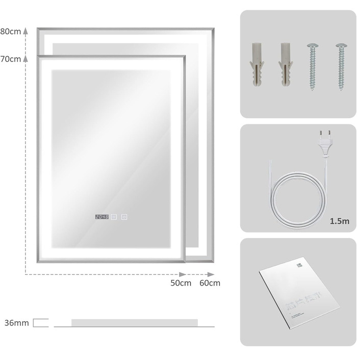 Дзеркало для ванної кімнати YOURLITE з підсвічуванням, 85x55 см, LED, сенсорне керування, 3 кольори світла, регулювання яскравості, антизапар, горизонтальне/вертикальне, IP44, білий (Silver-5070)