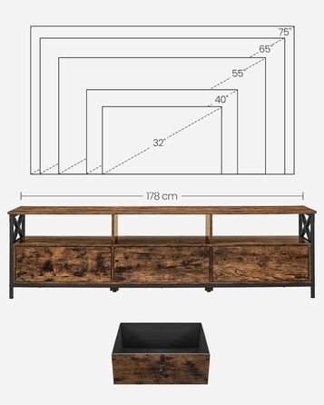 Тумба під телевізор VASAGLE до 80 дюймів, низька, з 3 шухлядами та 3 відкритими полицями, вітальня, металевий каркас, коричнево-чорний, 178x40x50 см