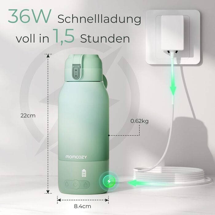 Momcozy MW05 портативний підігрівач для пляшечок, 500 мл, акумулятор 24 години, 2 режими нагріву для дитячого харчування та води, швидкий нагрів за 3 хв, зелений