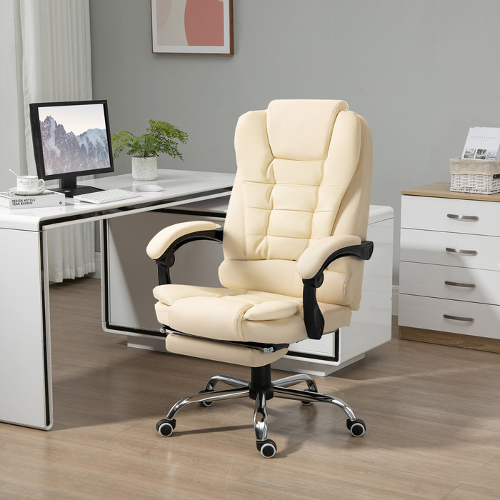 HOMCOM Office Chair with Footrest, Adjustable Backrest, Height Adjustable, Cream, Black, and Silver