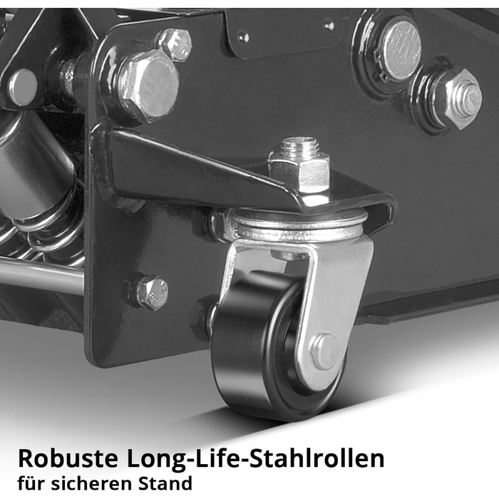 Гідравлічний домкрат Stahlwerk 3т низькопрофільний (73-500 мм) з гумованими колесами, подвійним поршнем, чорний