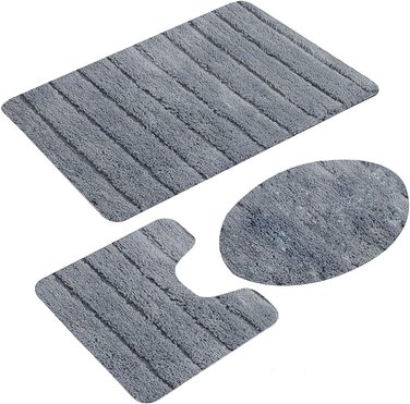 Набір килимків для ванної кімнати Jianyana (3 шт.) з мікрофібри, антиковзаючі, м'які, з довгим ворсом, для душу, у формі контуру, на унітаз, сірий в смужку