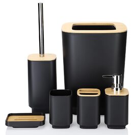 Набір аксесуарів для ванної кімнати JOTOM 6 шт. з бамбука, чорний: мильниця, дозатор мила, тримач для зубних щіток, стакан, сміттєве відро