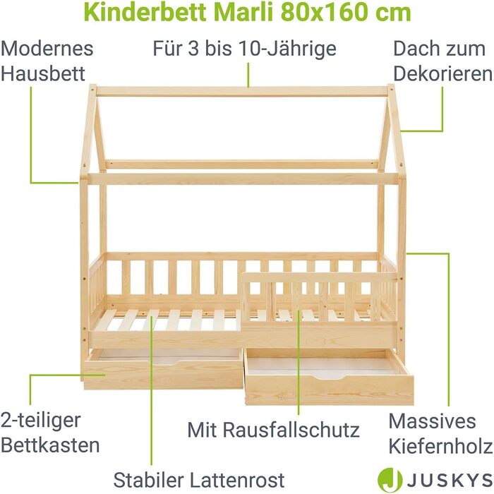 Дитяче ліжко Juskys Marli з 2-предметним місцем для зберігання, захистом від падіння, рейковим каркасом і дахом - Дитяче ліжко з масиву дерева - Ліжко в (80 x 160 см, натуральне)