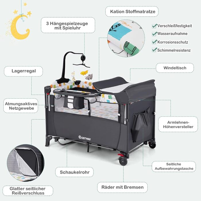Дитяче ліжко-манеж COSTWAY 120x60 см з матрацом, пеленальним столиком, іграшками та музичною шкатулкою, сірий колір