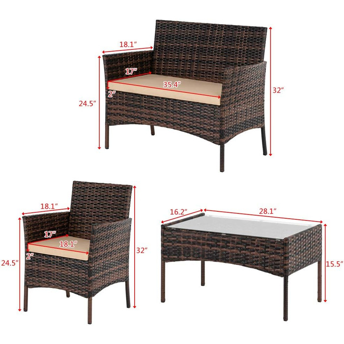 Набір садових меблів Leadzm: комплект для балкона, тераси або саду. Полирожний ротанг, стійкий до погодних умов та UV-захистом. Комплект включає: диван на 2 особи, 2 крісла, місця для 4 осіб. Колір: коричневий.