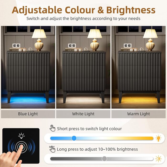 LED тумбочка Gurexl з зарядкою та 3 шухлядами, дерев'яна, з USB та Type-C, з датчиком руху, для спальні, вітальні, офісу, чорна