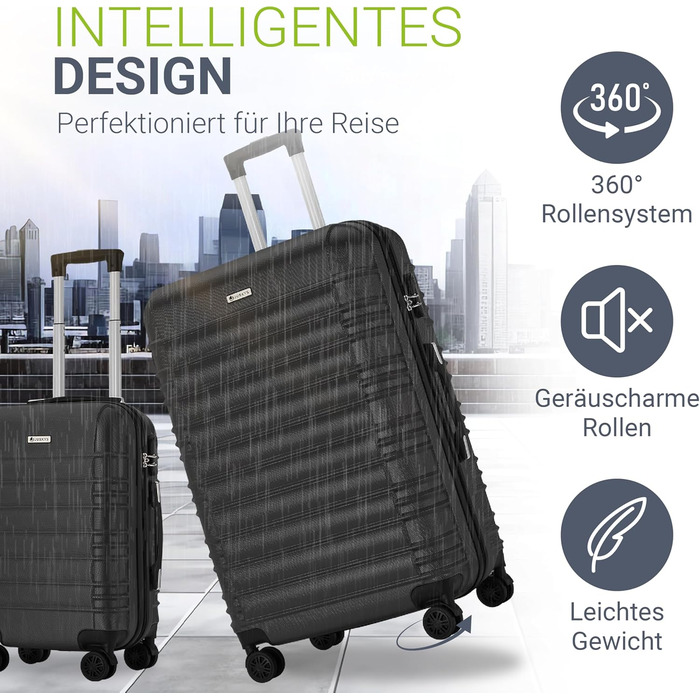 Набір валіз Juskys Hartschale 3 шт. з кодовим замком, тихі колеса 360°, телескопічна ручка, легкі - чорний колір