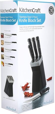 Набір ножів KitchenCraft з підставкою (5 шт.) з нержавіючої сталі, з нержавіючої сталі, з приглушеними ручками, миється в посудомийній машині, срібно-чорний, 15 x 8 x 29,5 см