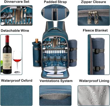 Набір для пікніка Hap Tim на 4 особи з термосумкою, деком, набором столових приборів та тримачем для вина (блакитний)