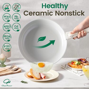 Набір кухонного посуду Chef Power Keramik, 19 частин: сковорідки та каструлі з антипригарним покриттям, без PFOA, PTFE, PFAS, для індукційних плит, сумісний з духовкою, миється в посудомийній машині, кремово-білий (Granite Grey & Cream White)