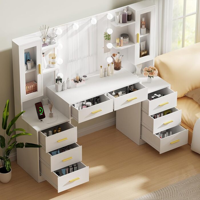 Великий туалетний столик ANWBROAD з LED-підсвіткою (3 кольори), розетками, дзеркалом та 8 висувними ящиками. Сучасний дизайн, колір - білий, розмір 150x135x40 см. Модель BDT67W