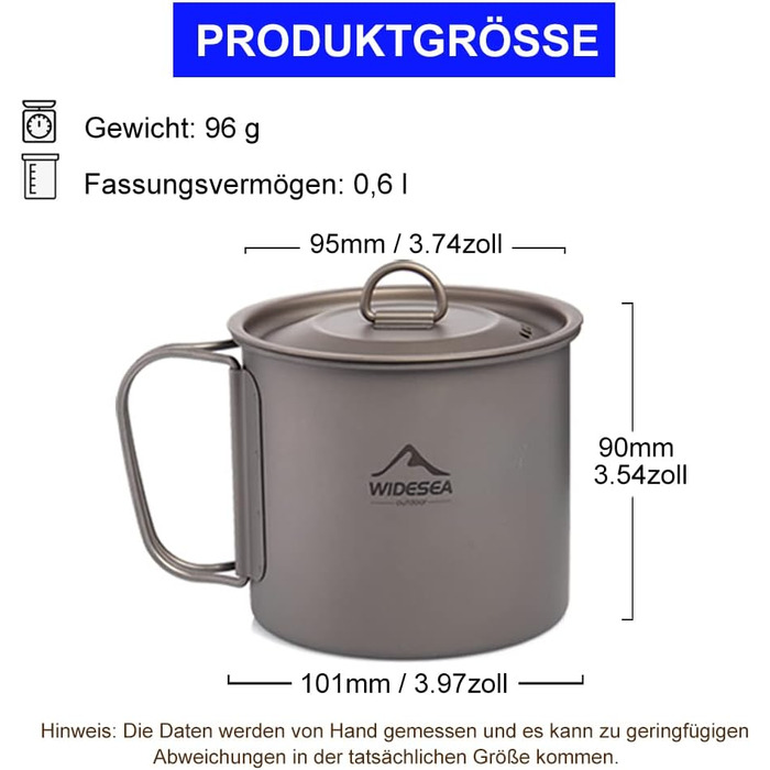 Титанова кружка Widesea 600 мл з foldable ручкою для кемпінгу та пікніків на природі