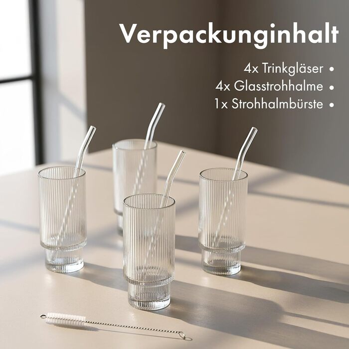 Набір склянок для коктейлів 4 шт. 300 мл рифлені - Gin, Longdrink, Matcha - склянки з трубочками