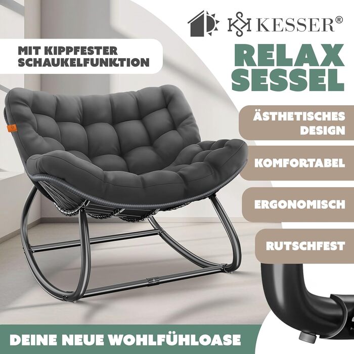 Крісло-гойдалка KESSER® для дому та вулиці, ергономічне | Макс. навантаження 120 кг, стійкі ніжки, атмосферостійке, XXL, антрацит