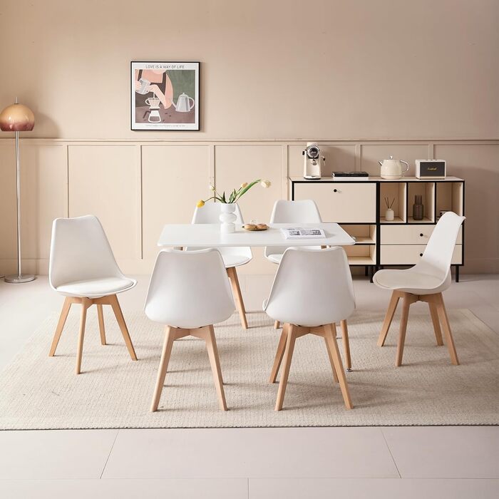 Обідня група GrandCA для дому з 6 стільцями: комплект обіднього столу та 6 стільців для вітальні, кухні, офісу (6 бежевих стільців + 1 білий стіл)