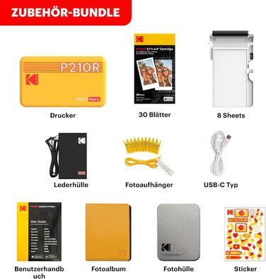KODAK P210 Mini 2 Retro: Портативний кольоровий фотопринтер, Bluetooth, 54x86 мм, Ламінування, Комплект картриджів та аксесуарів