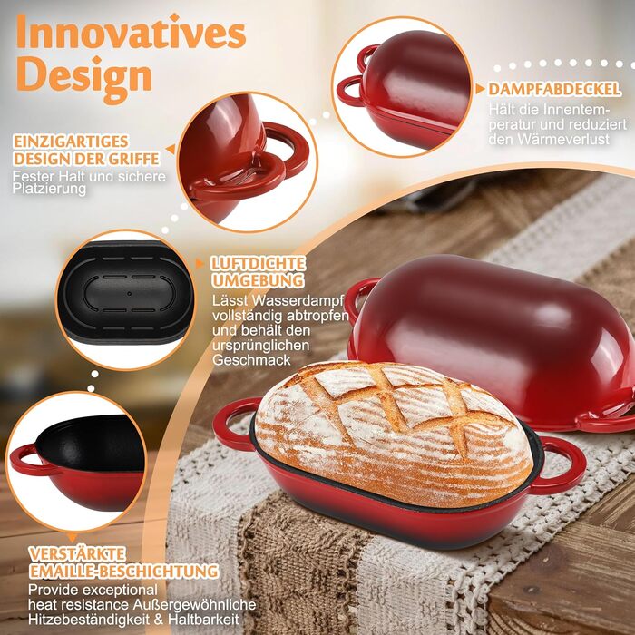 Форма для випікання хліба з кришкою Gusseisen, 23 см, емальоване чавунне ведро, 2.75 л, підходить для духовки (переливи синьо-зеленого та червоного кольорів)