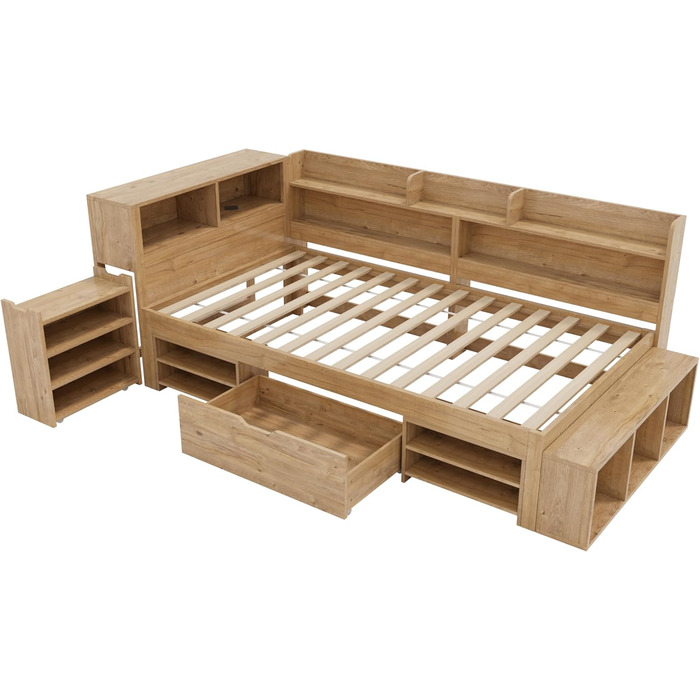 Ліжко дитяче 90x200, дерев'яне з шухлядами, полицями та захистом від падіння, з ламелями та місцем для зберігання, для підлітків, функціональне, без матраца, біле