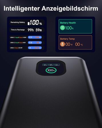 Power Bank 140W, 25000mAh з дисплеєм для ноутбука, MacBook, iPad, iPhone, Switch. Швидка зарядка PD3.1 (Сірий)