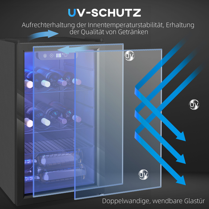 Винний шафа на 24 пляшки, 68 літрів, діапазон температур 4–16 °C, окремостояча модель для напоїв, пива та вина зі скляними дверцятами, чорного кольору