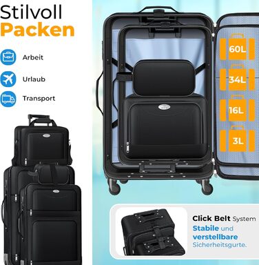 Набір валіз KESSER® 4-в-1: чорний дорожній набір з TSA-замком, 360° колесами та телескопічною ручкою | Чемодан, сумка для косметики, ручна поклажа, велика валіза для подорожей та бізнесу