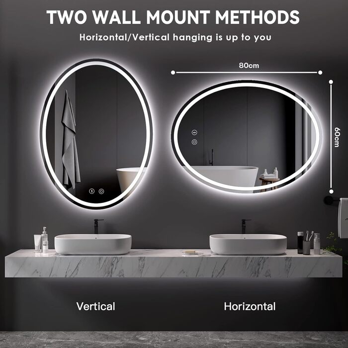 Дзеркало для ванної кімнати Dripex з підсвічуванням LED, сенсорне керування, регулювання яскравості, 3 кольори світла, антизапар, овальне, 50 x 70 см