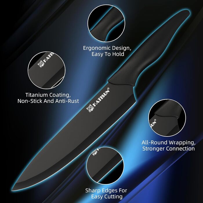 Набір кухонних ножів Katisun 16 шт. з підставкою, точилка, дощечка та ножиці. Японська сталь, чорний колір.