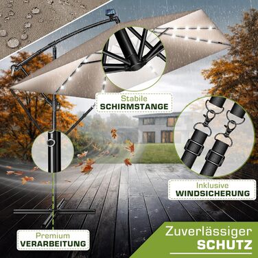 Прямокутна садова парасолька tillvex® Alu 330 см з LED-підсвіткою, ручкою та чохлом, колір Капучино — Алюмінієвий зонт-ампел з стійкою, захистом від вітру та UV-променів, водонепроникний, поворот на 360°