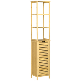 Шафа Kleankin Badschrank Bambus, 34 x 30 x 173 см, з 3 відкритими полицями та 1 шафкою, захист від перекидання, отвір для ручки, вільного стояння, для маленьких приміщень, натуральний колір | Aosom