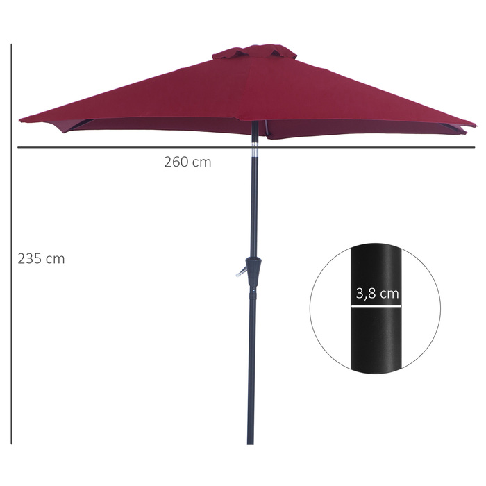 Парасолька Outsunny Archiculated Parasol Garden Parasol Market з ручною рукояткою Alu 2,6 м Діаметр 180 г/м² Поліестер червоний, ідеально підходить для саду та патіо