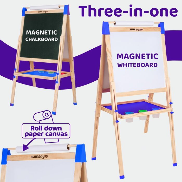 Дитяча мольберт Blue Squid Kinder Staffelei: регульована висота, двостороння, з крейдяною дошкою, білою дошкою, рулоном паперу, 100+ аксесуарів, для дітей 3-12 років, преміум-якість 2025