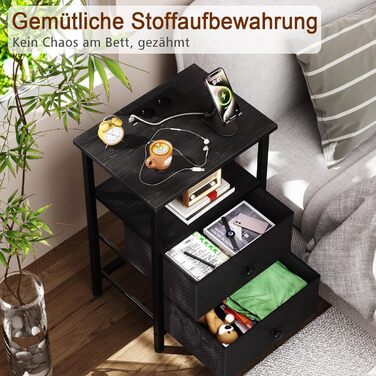 Нічний столик AMHANCIBLE з підзарядкою, приліжний столик з висувними ящиками з тканини, журнальний столик з відкритою полицею, з 2 USB-портами та 2 розетками, для спальні та вітальні, HETS020GY-1 (Чорний)