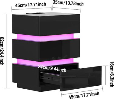 Нічний столик з розеткою та LED-підсвіткою, нічний комод з функцією зарядки та USB, 2 висувні ящики (45x35x46/62 см, Чорний)