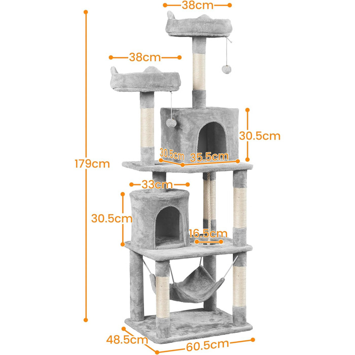 Кігтеточка Yaheetech велика, 179 см кігтеточка для кішок Kartzenbaum, з 2 будиночками для котів і 2 платформами, стайня для котів з сизалю, світло-сіра
