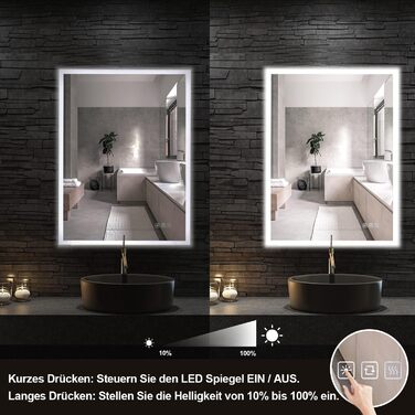 Дзеркало для ванної кімнати Furduzz LED, 70x50 см з підсвічуванням, сенсорним вимикачем, 3 кольори світла, регулювання яскравості, антизапарник, пам'ять налаштувань