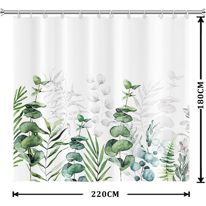 Штора для душу 180x220 см, антигрибкова, з тропічним дизайном (зелені пальмові листя, евкаліпт, гриби), водонепроникна, поліестер, для ванної кімнати, з 12 гачками