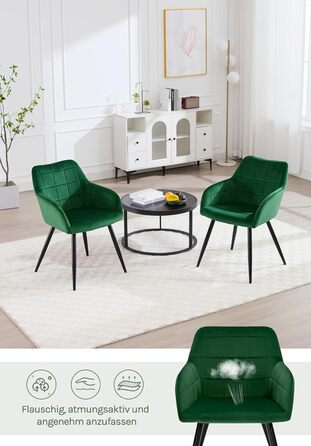 Крісла для їдальні WOLTU, крісла для кухні, м'які крісла з підлокітниками, 8 шт., темно-зелений, з велюровою оббивкою та металевими ніжками