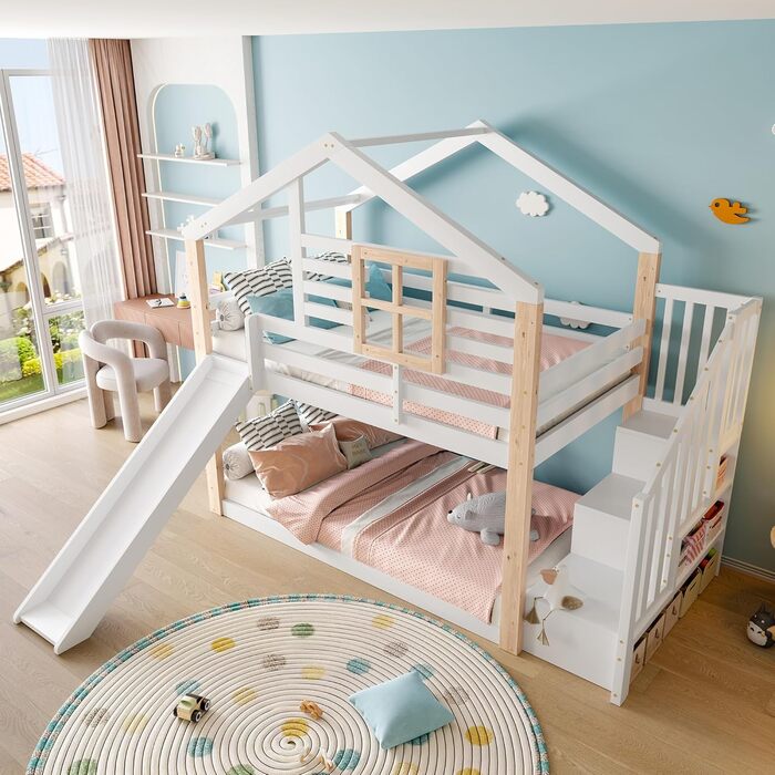 Двоярусне ліжко для дітей з драбиною, біле (90x200)