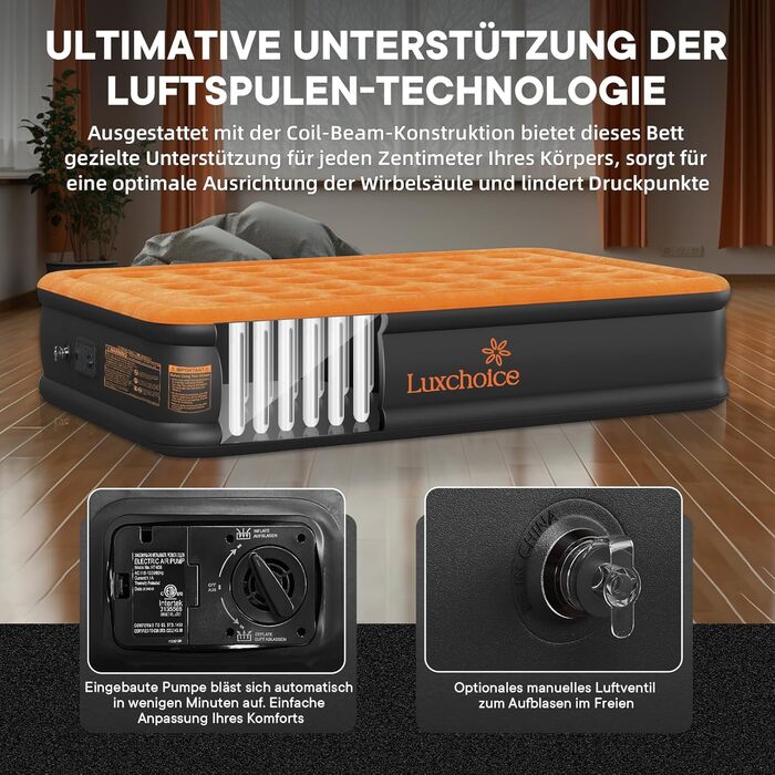 Надувне ліжко Luxchoice з електричним насосом для 2 осіб (205x155x38 см) - Dark Orange