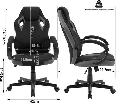 Ігрове крісло WOLTU, дихаюче офісне крісло, обертове крісло, геймерське крісло, ергономічне крісло для ПК, з можливістю завантаження 150 кг, з підлокітниками-подушками, регулювання висоти, м'яке покриття, сітчаста тканина, BS142ws (сірий)