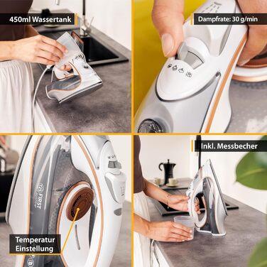 Відпарювач TZS First Austria I 2800-3200W з керамічною підошвою | Самоочищення, вертикальний пар, антинакип | 0,45л, 1.3кг, білий/мідний