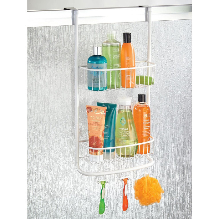 Підвісна душова полиця mDesign - практична металева душова полиця без свердління - 2 підвісні душові кошики з 6 гачками для душового приладдя та бритви - сріблястого кольору (матовий білий)