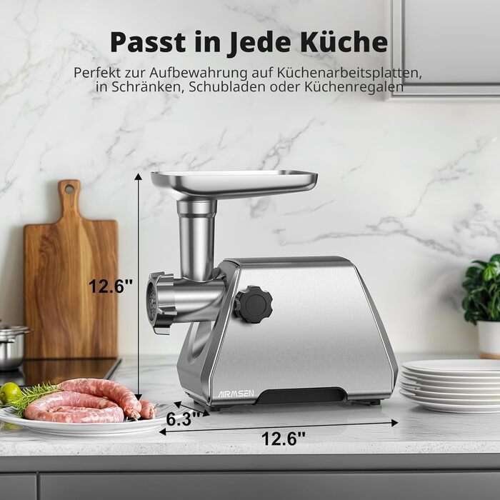 Електрична м'ясоподрібнювач AIRMSEN з насадкою для ковбас, 2 леза з нержавіючої сталі, 3 диски, аксесуар Куб, тихий промисловий двигун, для дому, нержавіюча сталь