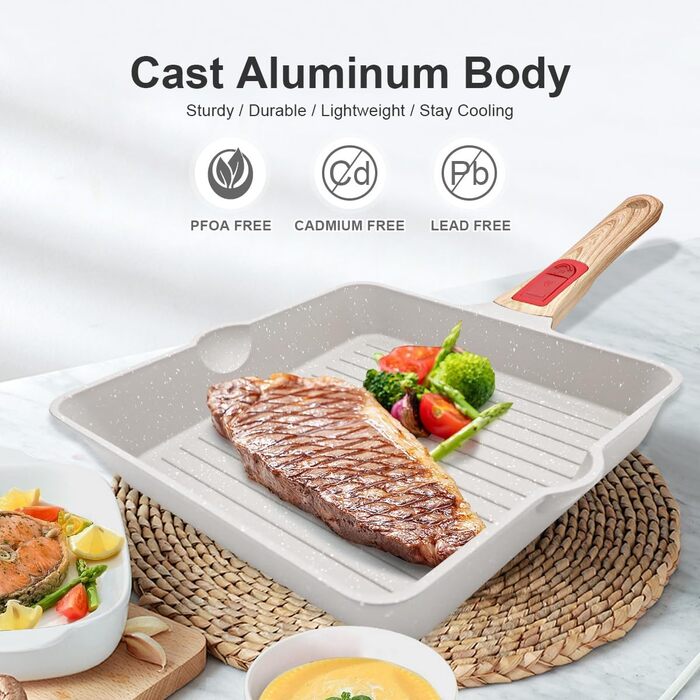 Сковорода-гриль AIKENBBKK 24x24 см з знімним ручками, антипригарне покриття, для стейків, сумісна з духовкою, миється в посудомийній машині (біла)